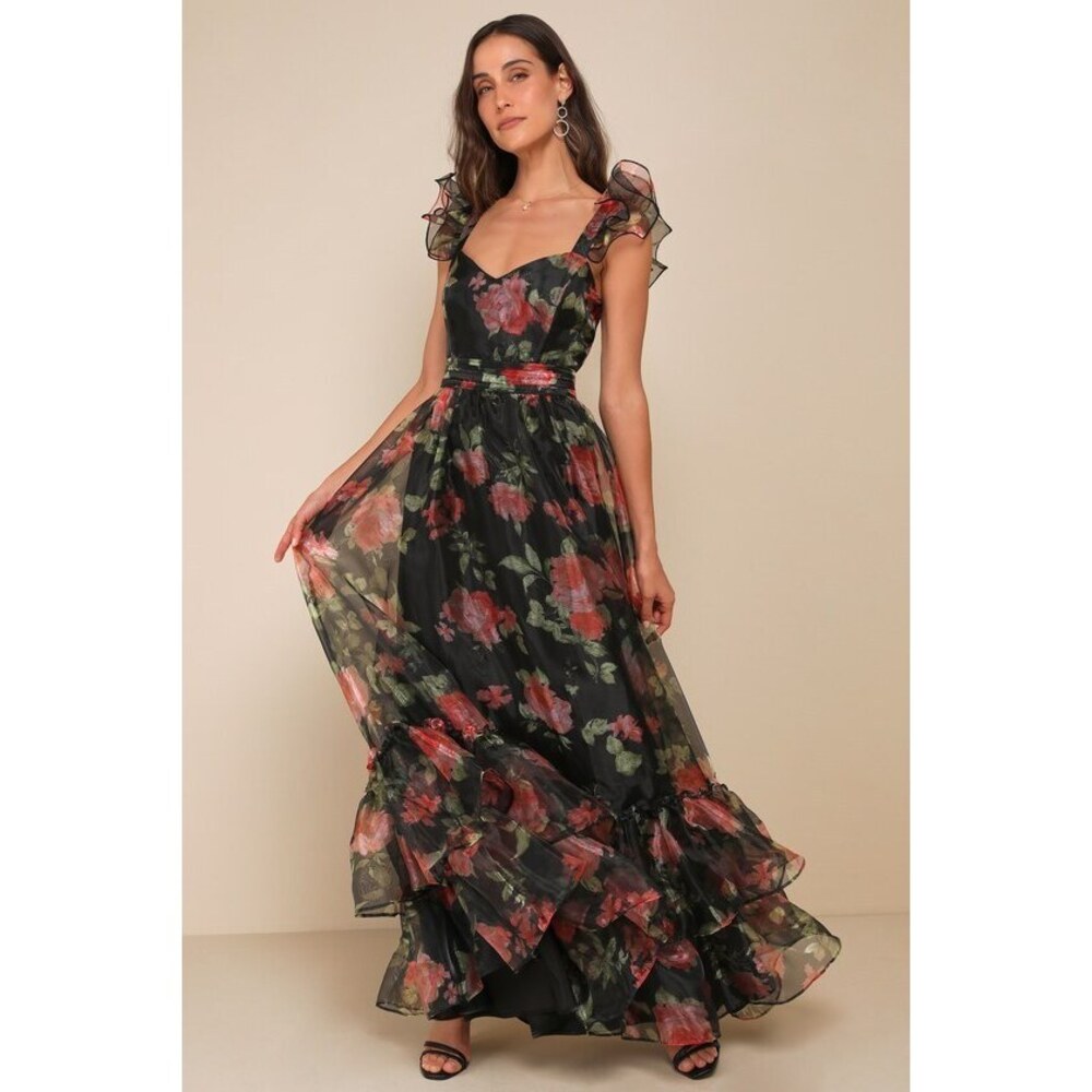 Lulus Befitting Glamour Black Floral Organza Ruffled Tiered Maxi Dress - Size S